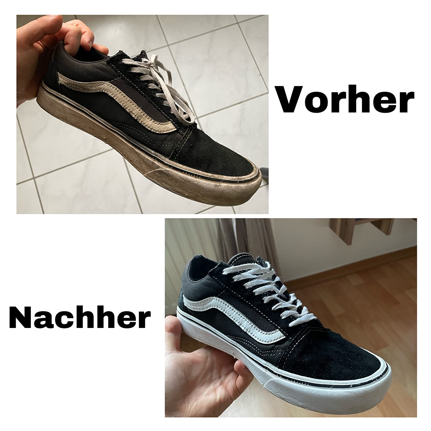Vorher-Nachher-Vergleich eines schwarzen Sneakers mit deutlich gereinigter Sohle und aufgefrischtem Obermaterial nach der Anwendung des Sneaker Cleaners.