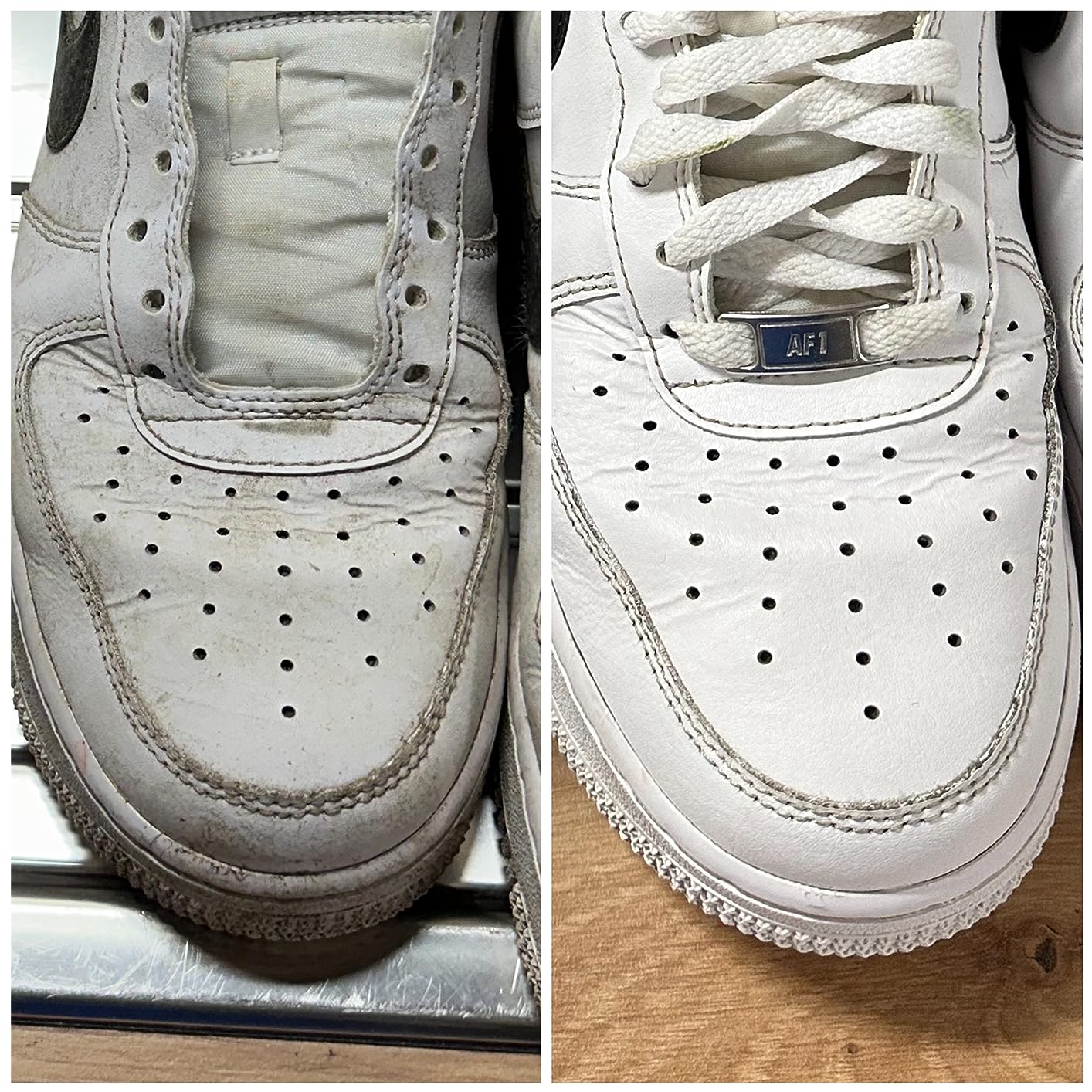 Detailansicht eines weißen Leder-Sneakers im Vorher-Nachher-Vergleich mit sichtbar gereinigter Oberfläche und aufgehellten Nähten.