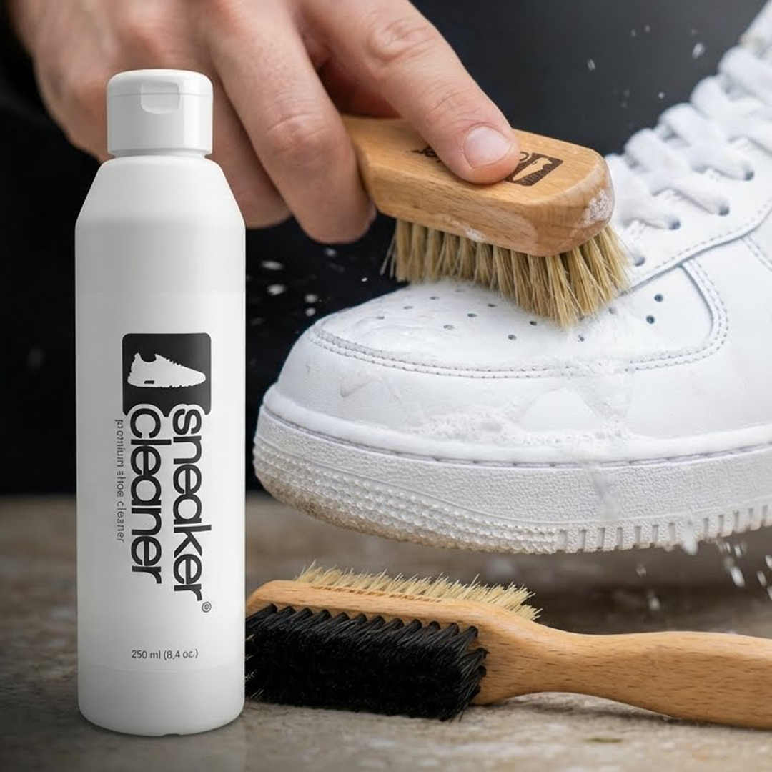 Sneaker Cleaner Flasche steht neben einem weißen Sneaker, der mit einer Bürste und Reinigungsmittel gründlich gereinigt wird, während Schaum entsteht.