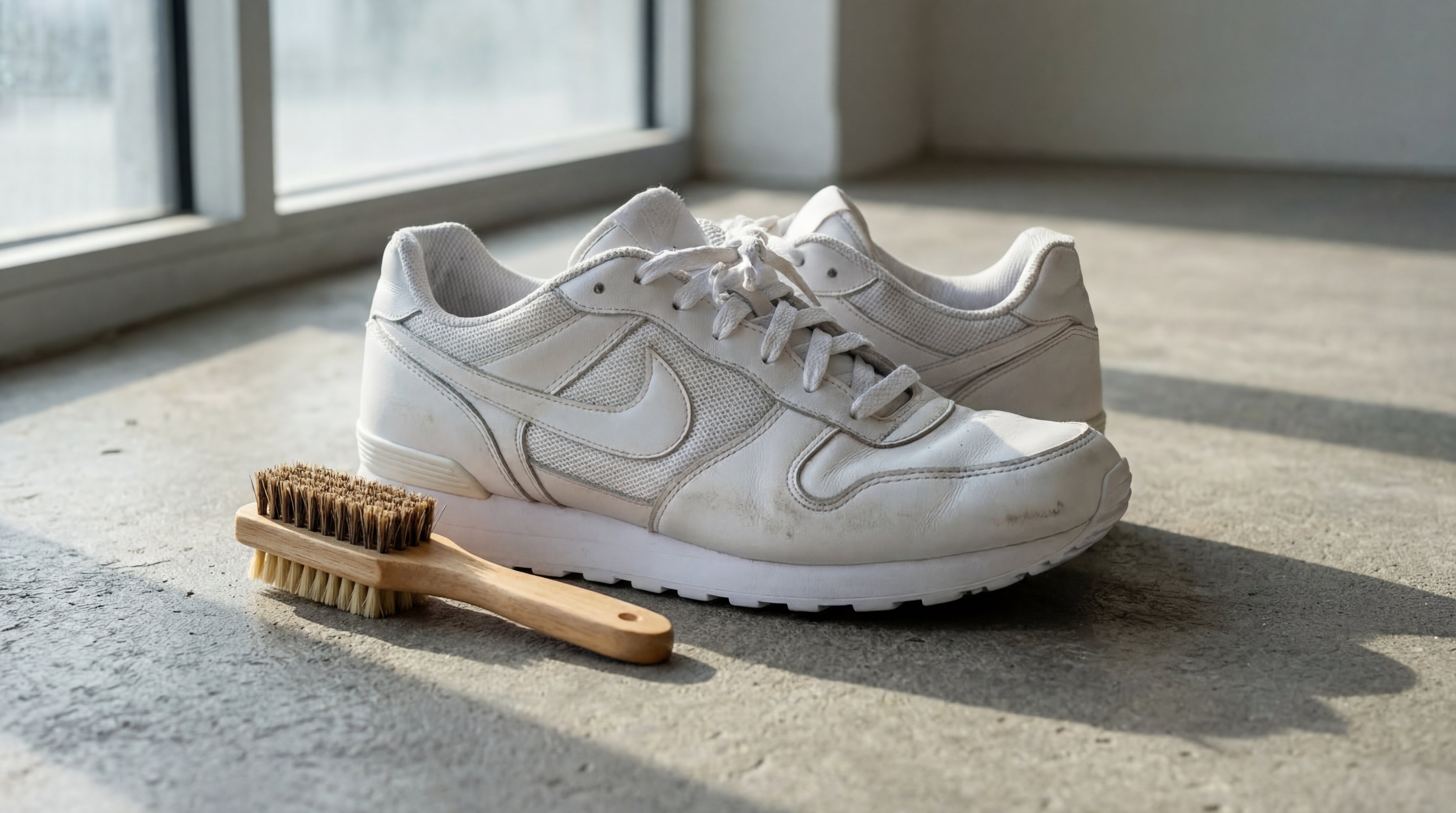 Gereinigter weißer Sneaker mit deutlich reduzierten Schmutzspuren und heller Sohle auf einem Betonboden neben einem Fenster.