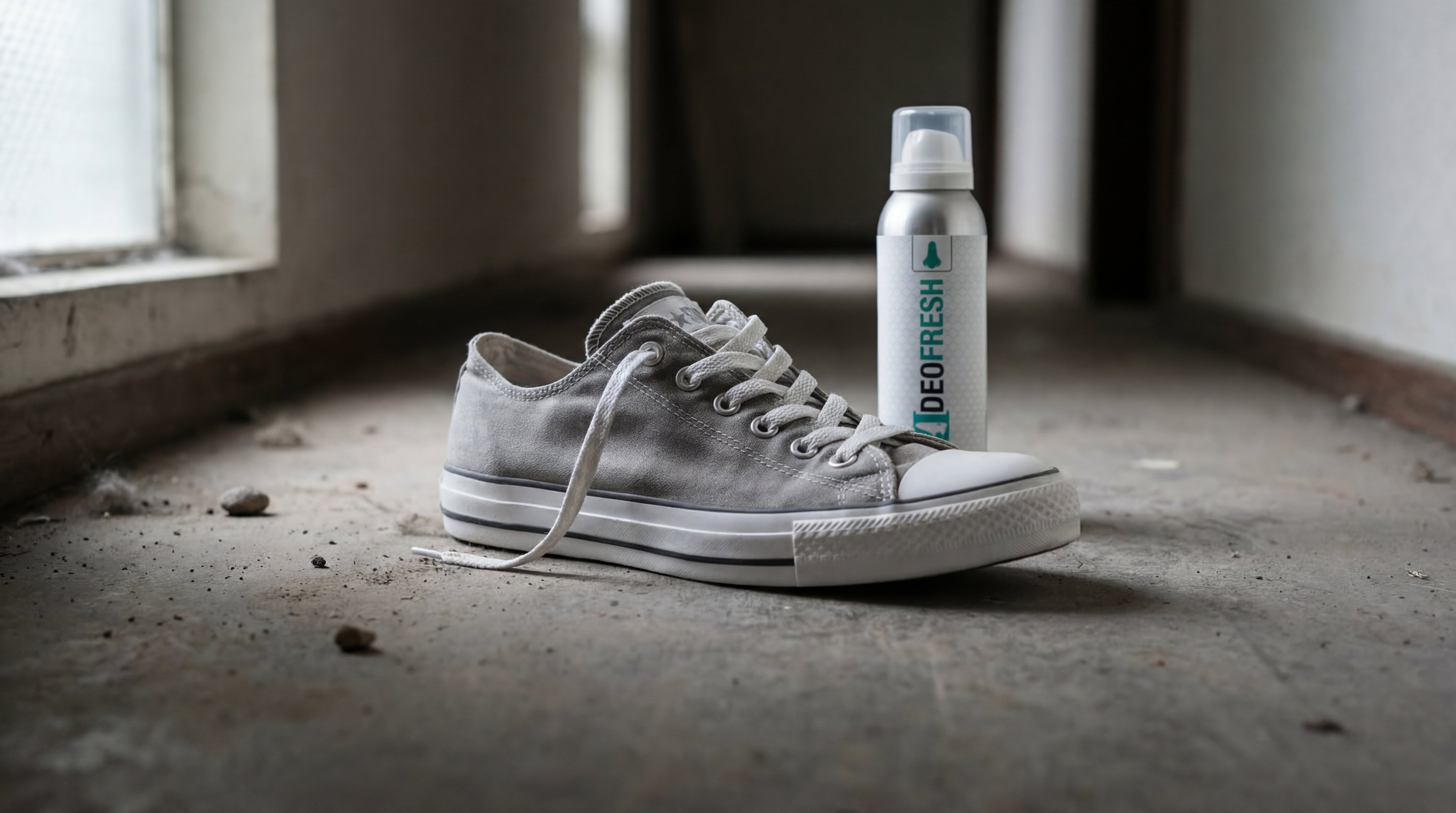 Gereinigter grauer Sneaker im selben Flur, deutlich frischer und sauberer, daneben Sneaker Cleaner Deofresh Spray platziert.