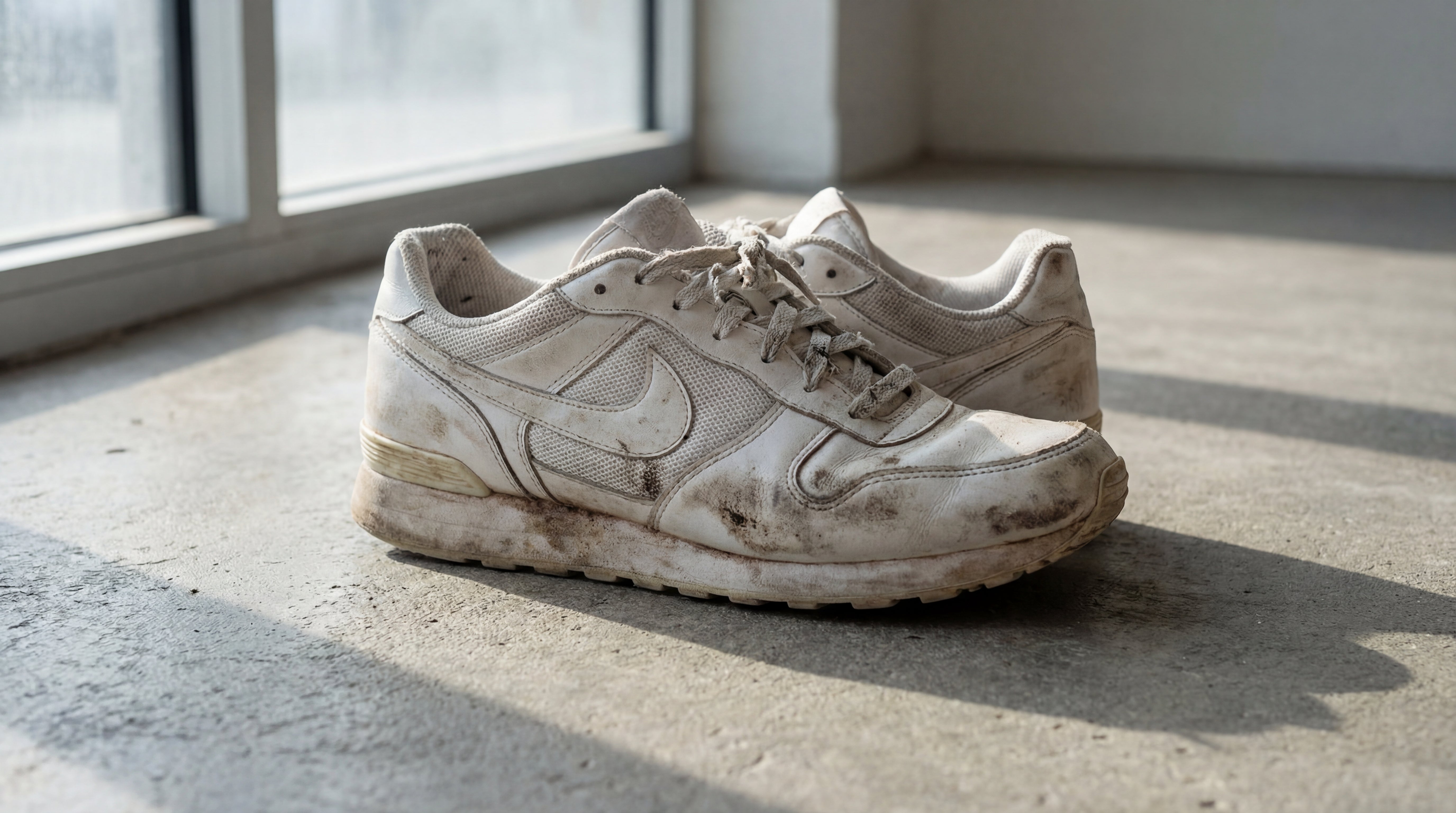 Stark verschmutzter weißer Sneaker mit sichtbaren Schlamm- und Schmutzflecken auf einem Betonboden neben einem Fenster.