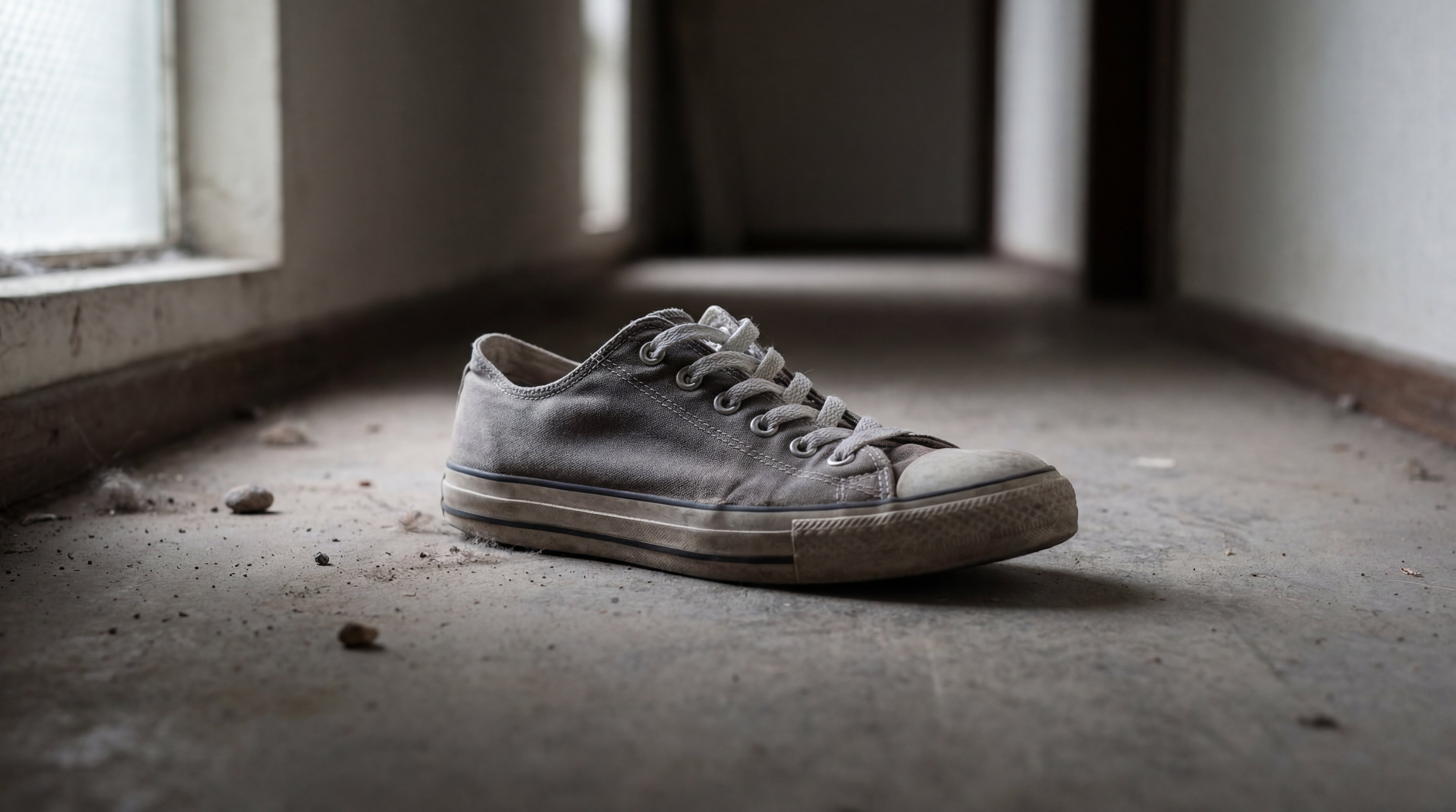 Stark verschmutzter grauer Sneaker auf staubigem Boden in einem dunklen Flur mit sichtbaren Schmutz- und Staubspuren.