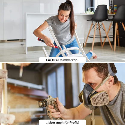 Heimwerkerin beim Streichen eines Stuhls und Profi mit Farbspruehgeraet als Anwendungsbeispiel fuer Fassadenfarbe