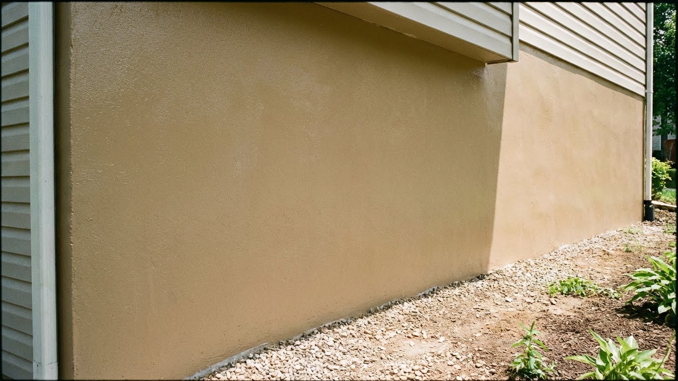 Beige gestrichene Sockelwand im Aussenbereich eines Hauses mit Kiesstreifen und angrenzendem Erdreich