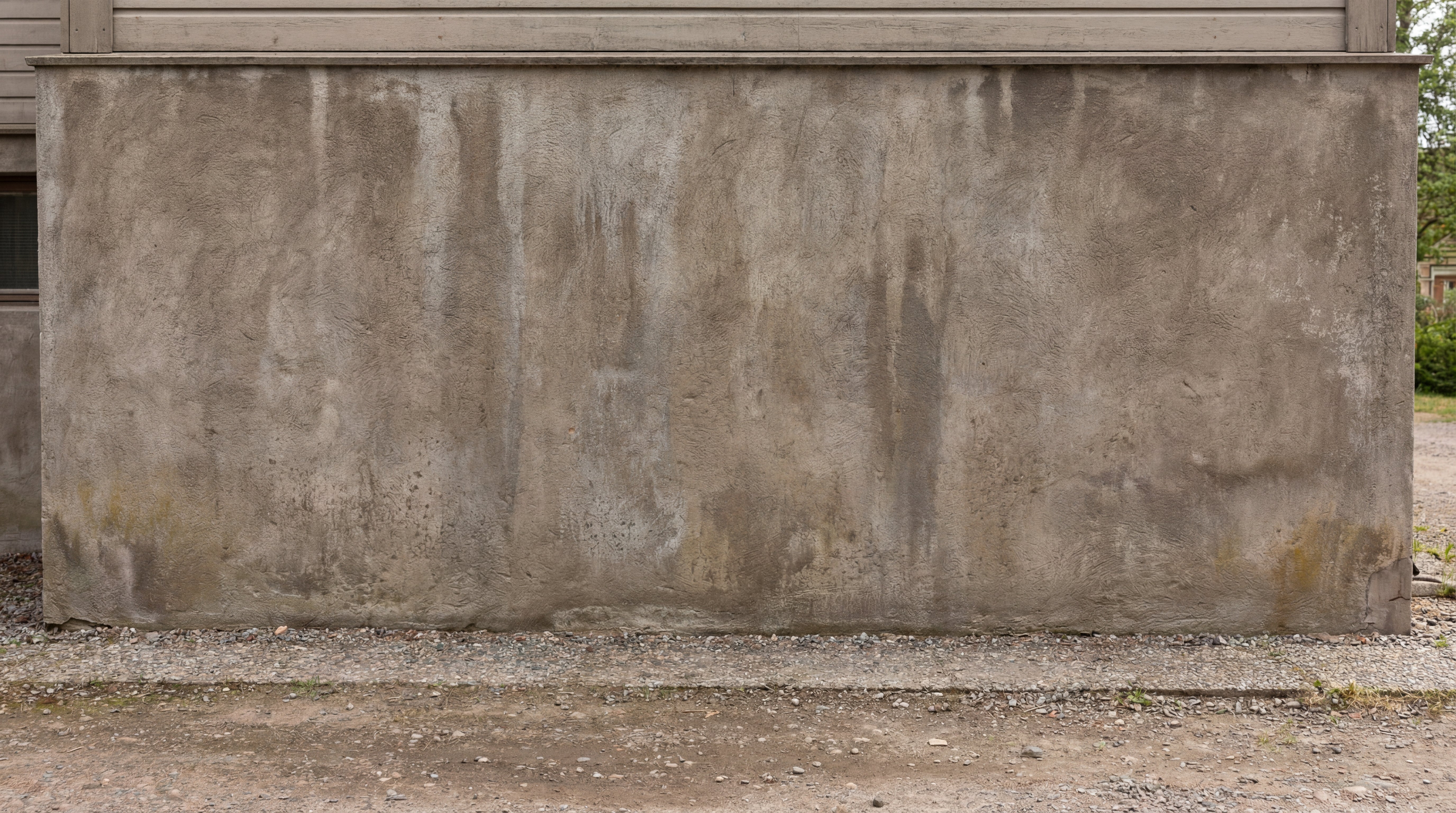 Verschmutzte und verwitterte Sockelwand im Aussenbereich mit sichtbaren Feuchtigkeits- und Schmutzspuren