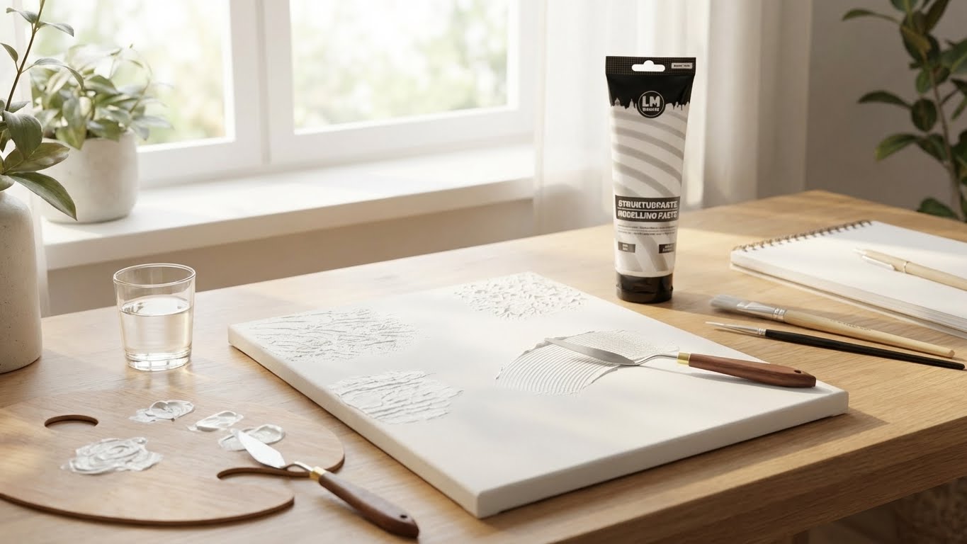 Künstlerarbeitsplatz mit Leinwand, Spachtelwerkzeug und LM Kreativ Strukturpaste während der Anwendung.