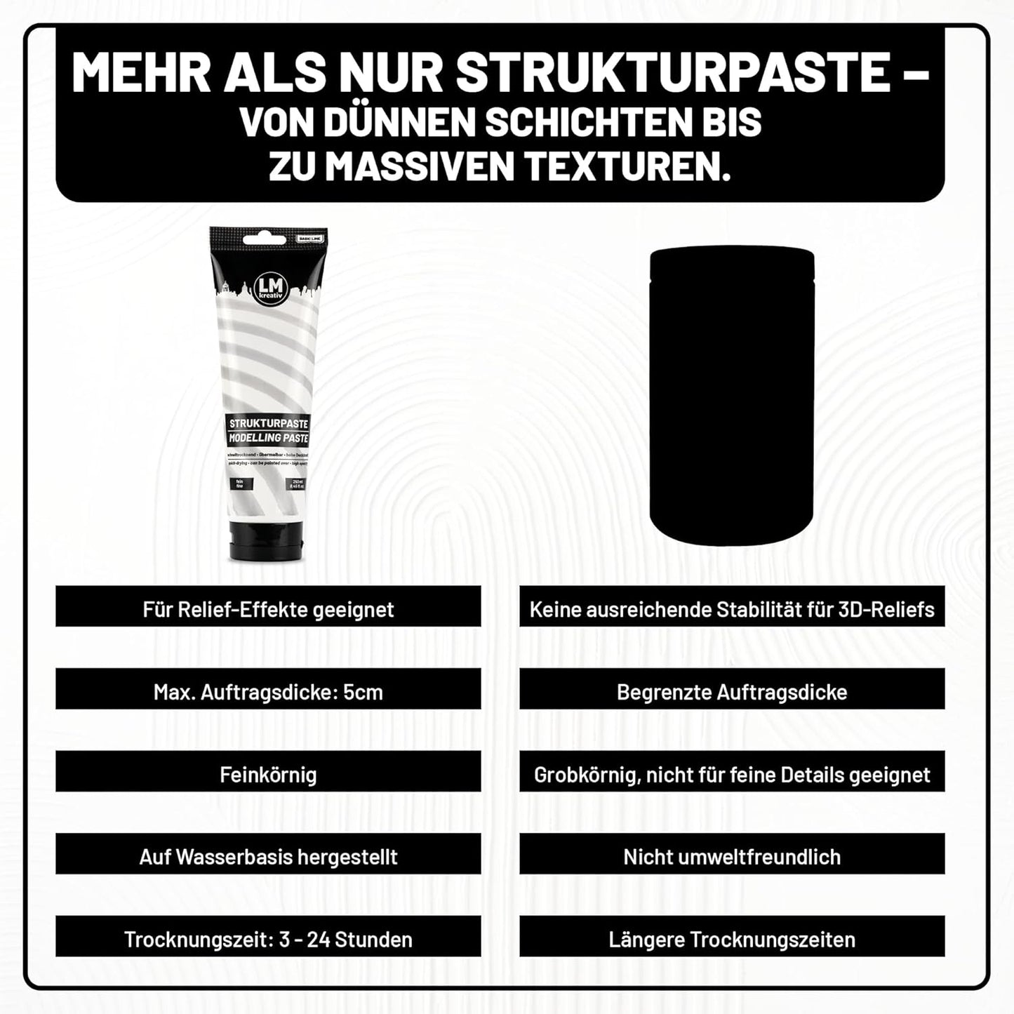 Vergleich feine Strukturpaste mit ungeeigneten Pasten – bessere Stabilität, feinere Details und gleichmäßiger Auftrag.
