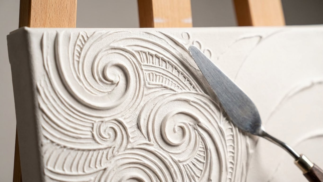 Feine Strukturpaste wird mit Spachtel zu detaillierten Reliefmustern auf Leinwand modelliert.