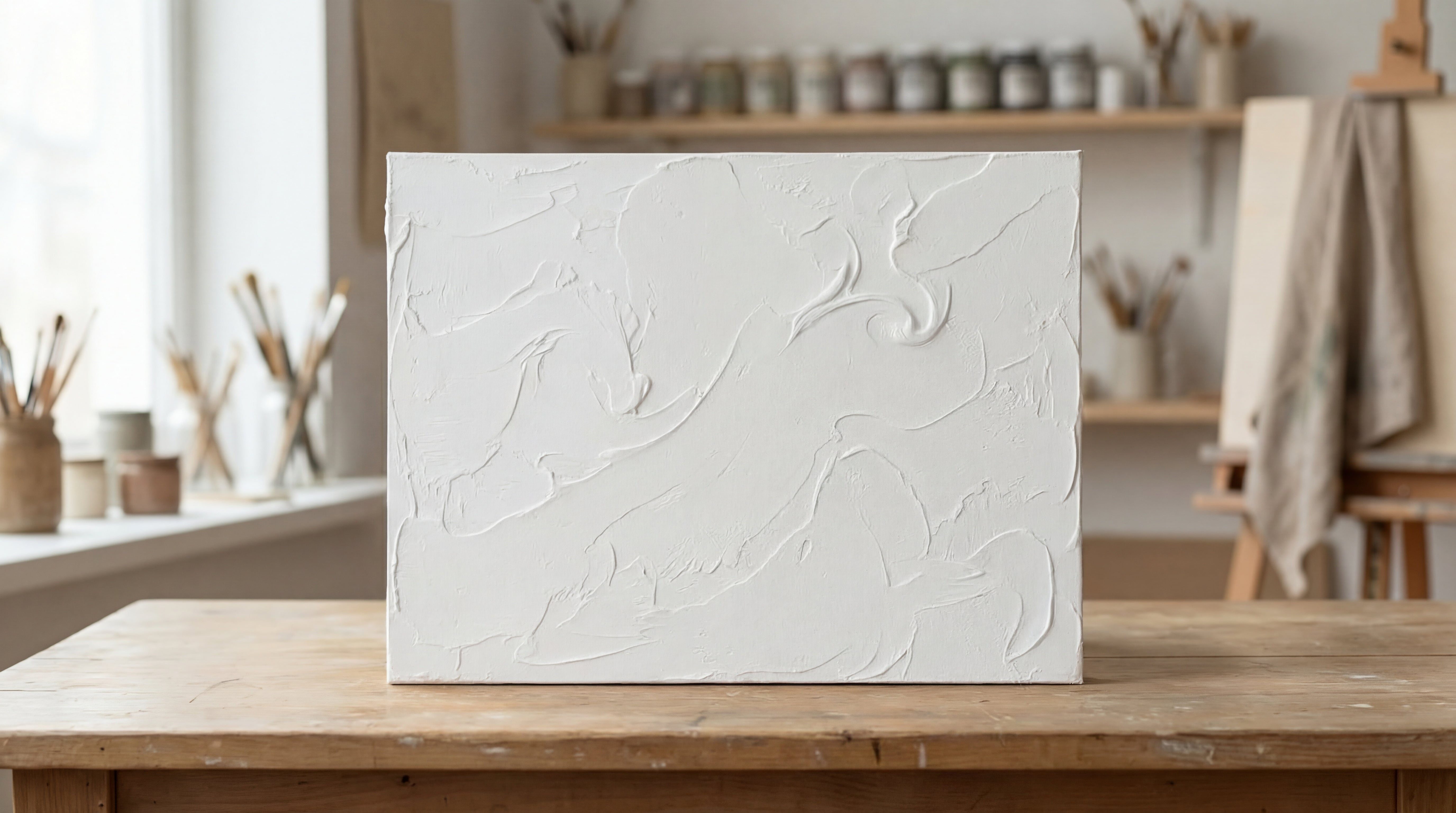 Leinwand mit feiner, gleichmäßiger Strukturpaste nach dem Auftragen, trockene weiße Oberfläche.