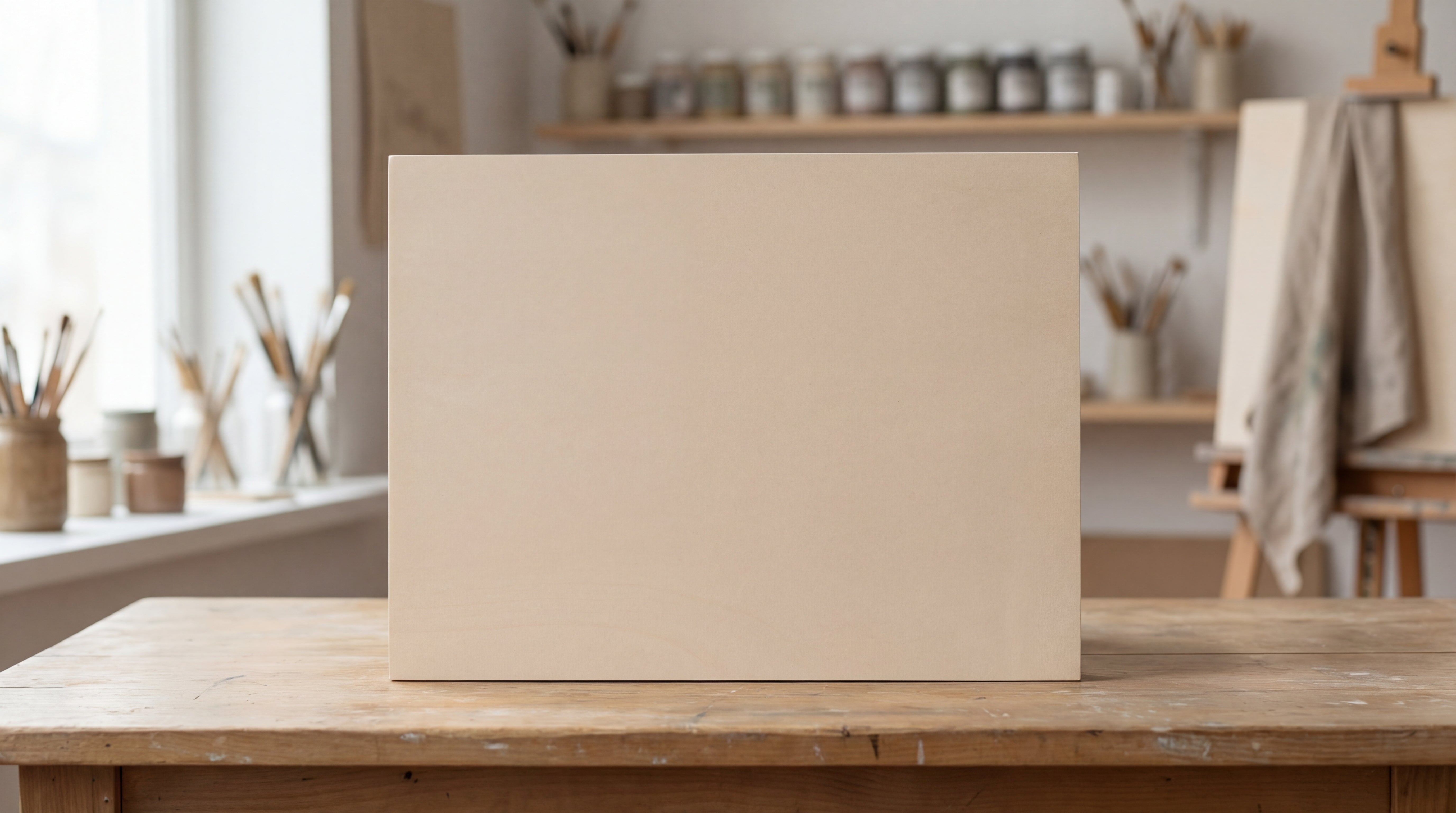 Leere Leinwand ohne Struktur auf Arbeitstisch als Ausgangsbasis für Strukturpaste und Textured Art.