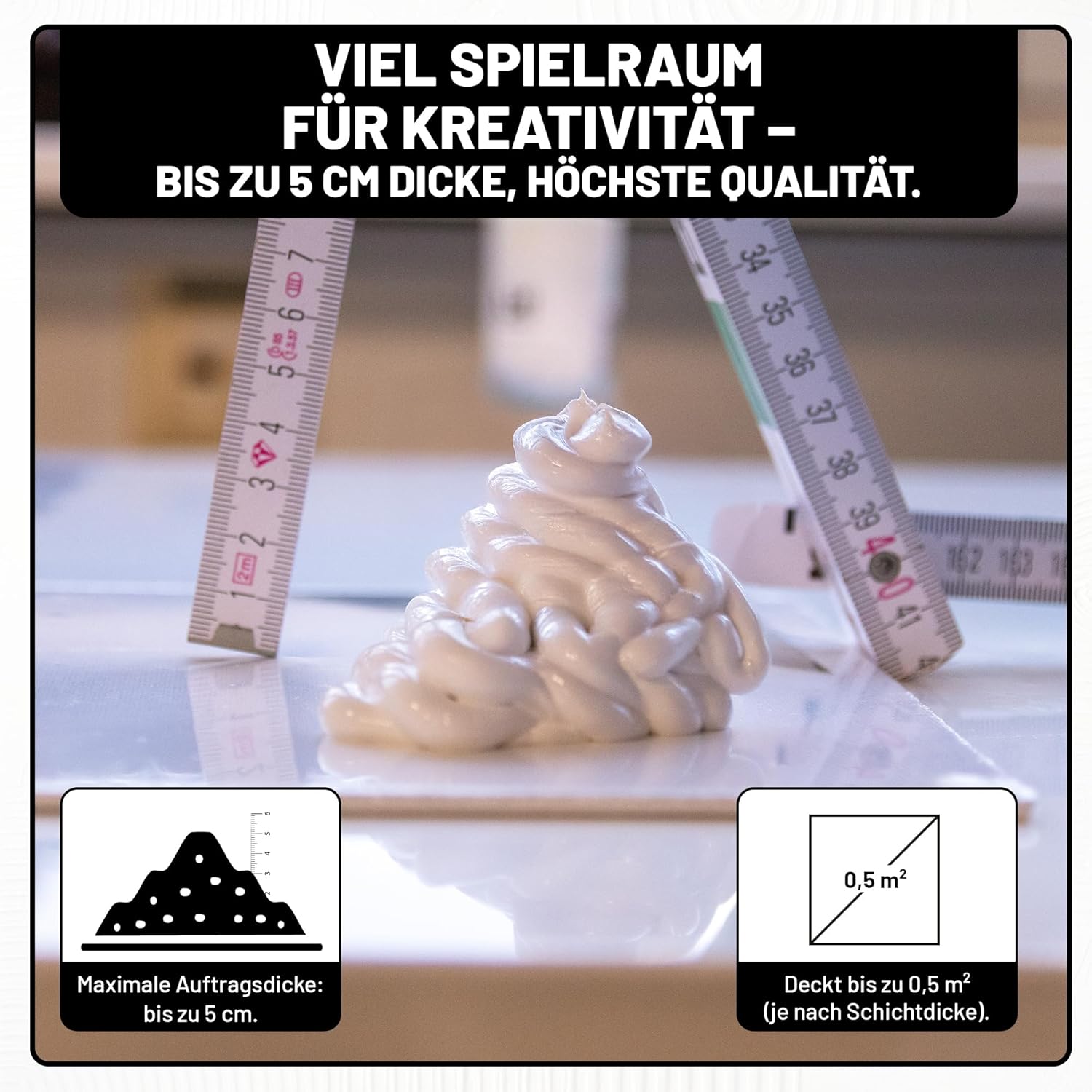 Feine Strukturpaste mit Auftragshöhen bis 5 cm – hohe Standfestigkeit und ergiebig bis zu 0,5 m² je nach Schicht.