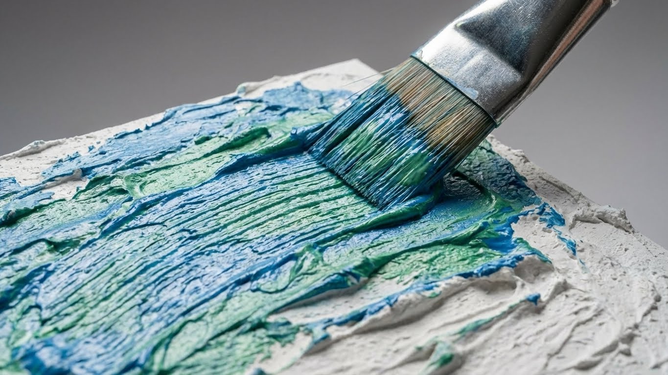 Übermalbare Strukturpaste mit Acrylfarbe, Pinsel trägt Farbe auf strukturierte Oberfläche auf.