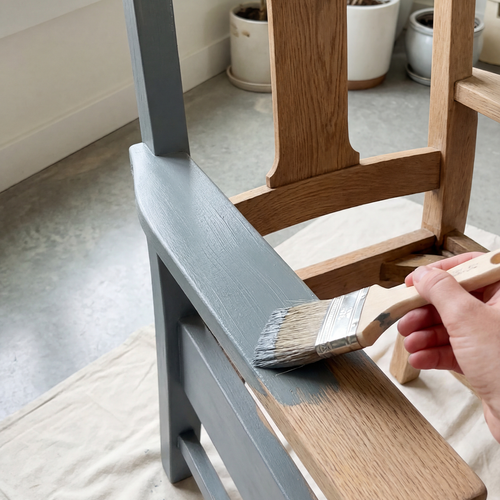 Eine Hand streicht einen Holzstuhl mit grauer Farbe, wobei ein Teil des Stuhls bereits deckend lackiert ist und der unbehandelte Holzton noch sichtbar bleibt.