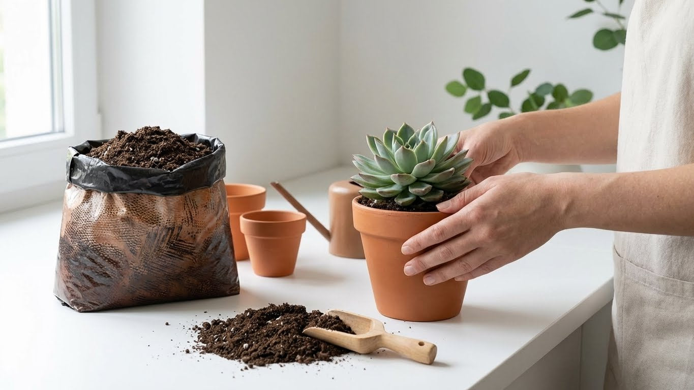 Person topft eine Sukkulente in einen Tontopf mit frischer Erde auf einer hellen Arbeitsfläche