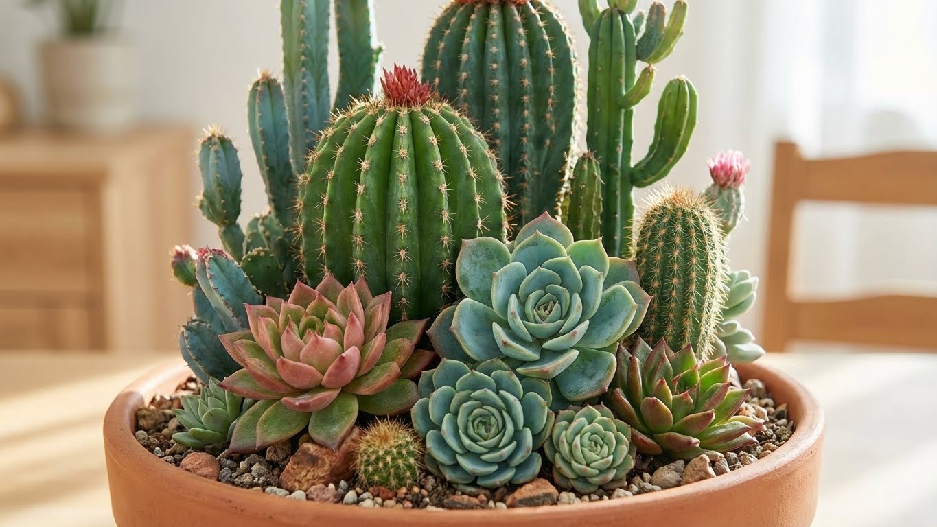 Arrangement aus verschiedenen Kakteen und Sukkulenten in einer flachen Schale mit mineralischem Substrat