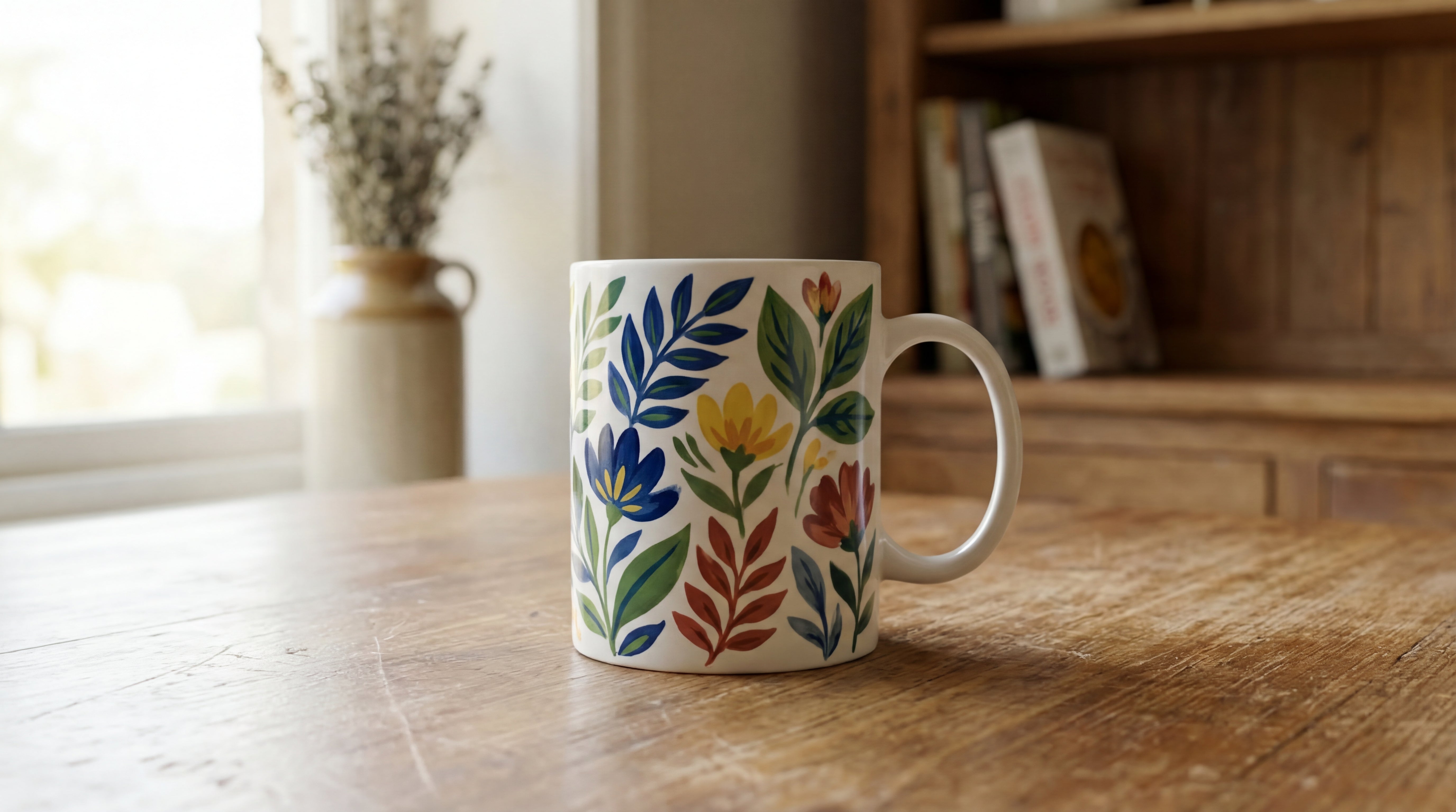Weiße Keramiktasse mit buntem Blumen- und Blättermotiv auf einem Holztisch im Wohnraum bei natürlichem Tageslicht