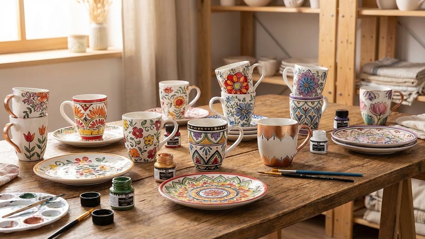Weiße Keramiktasse mit buntem Blumen- und Blaettermotiv auf Holztisch im Wohnraum bei Tageslicht