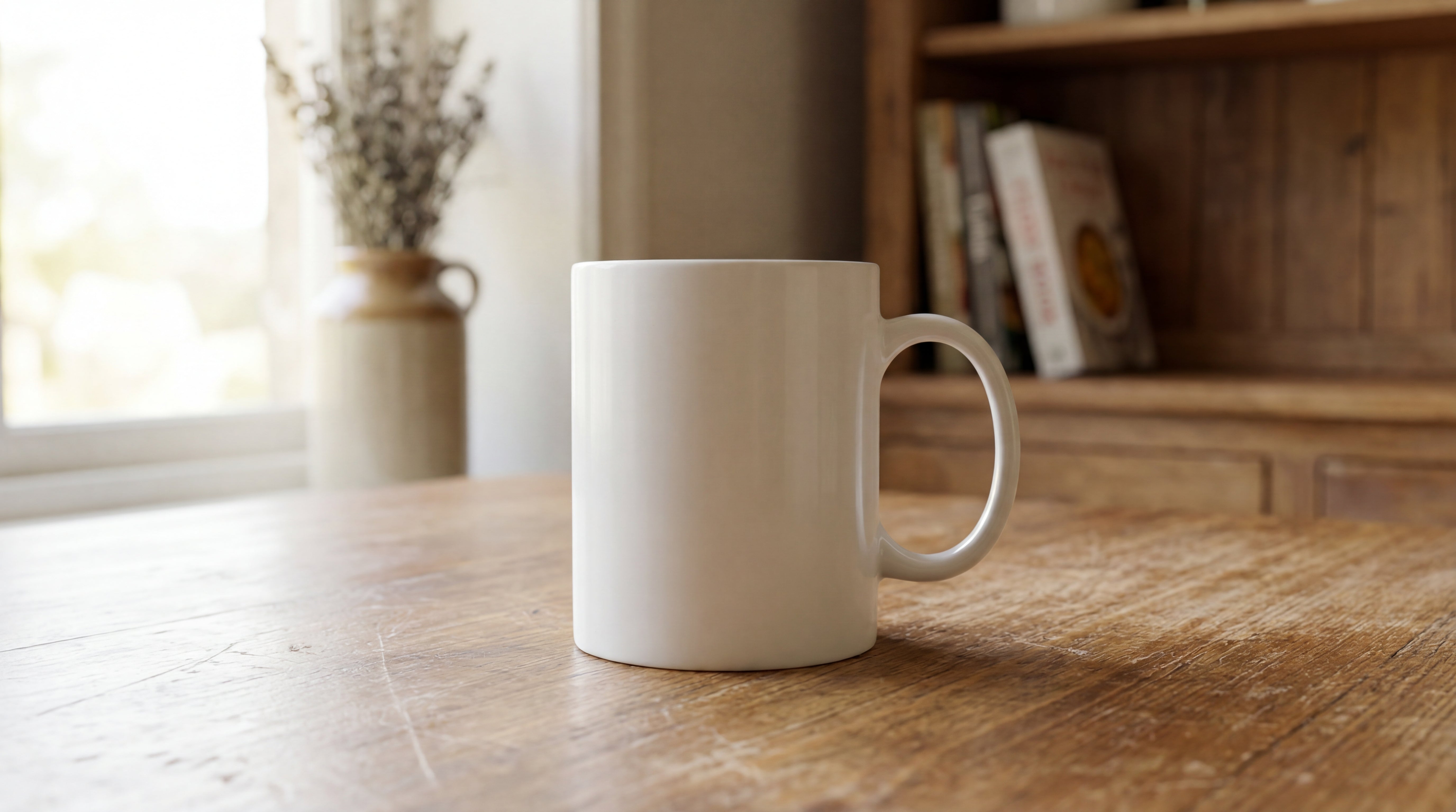 Unbemalte weiße Keramiktasse mit Henkel auf einem Holztisch im Wohnraum bei natürlichem Tageslicht