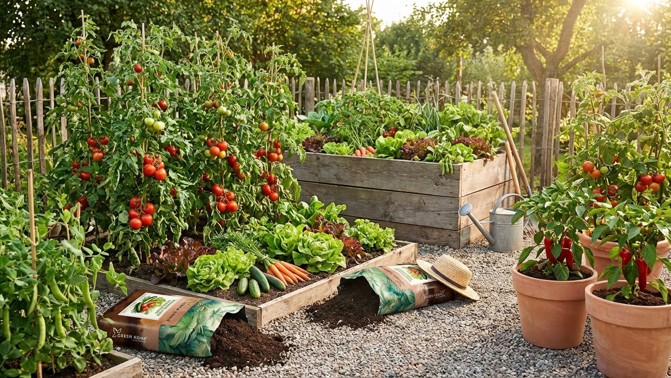 Tomaten- und Gemüsepflanzen im Garten und Hochbeet mit Green Home Tomaten- und Gemüseerde in der Anwendung