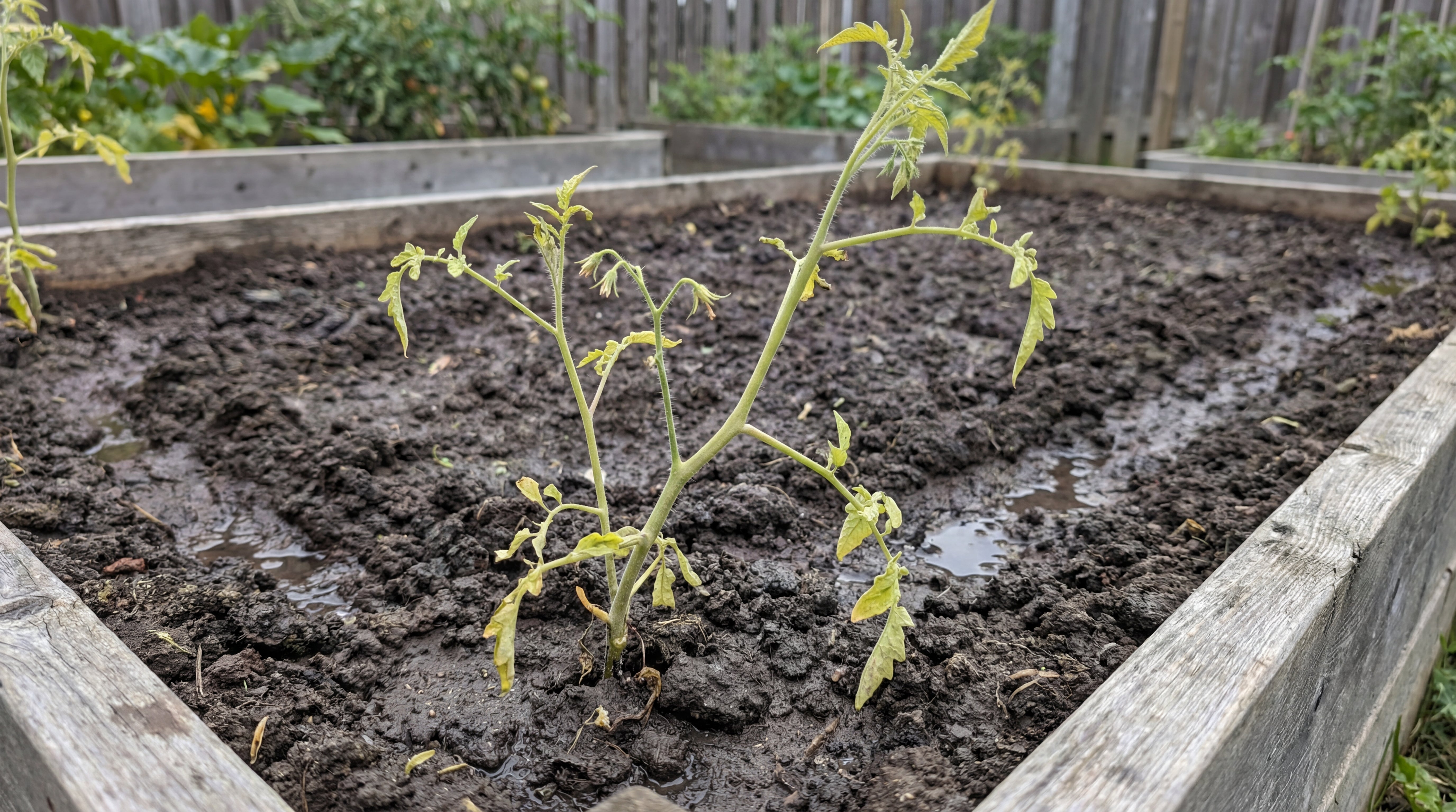 Geschwächte Tomatenpflanze in verdichteter, nasser Erde als Beispiel für Staunässe und schlechte Bodenstruktur