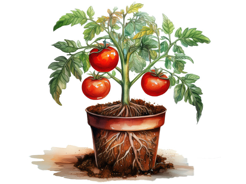 Illustration einer Tomatenpflanze im Topf mit kräftigem Wurzelwachstum in nährstoffreicher Tomaten- und Gemüseerde