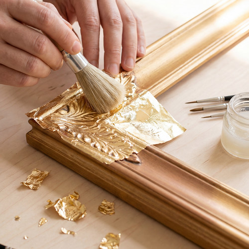 Nahaufnahme eines Holzrahmens, auf den mit einem Pinsel Blattgold aufgetragen wird, daneben liegen feine Pinsel und ein Glas mit Anlegemittel.