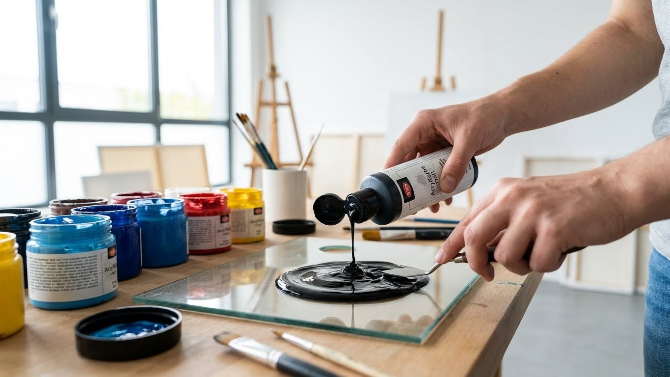Viva Decor Acrylfarbe Matt Schwarz beim Ausgiessen auf Glasplatte mit Farbtoepfen im Atelier