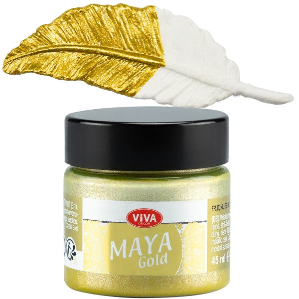 Viva Decor Maya Gold 45 ml Alt-Gold – Goldene Metallicfarbe mit Musterfeder als Glanzbeispiel
