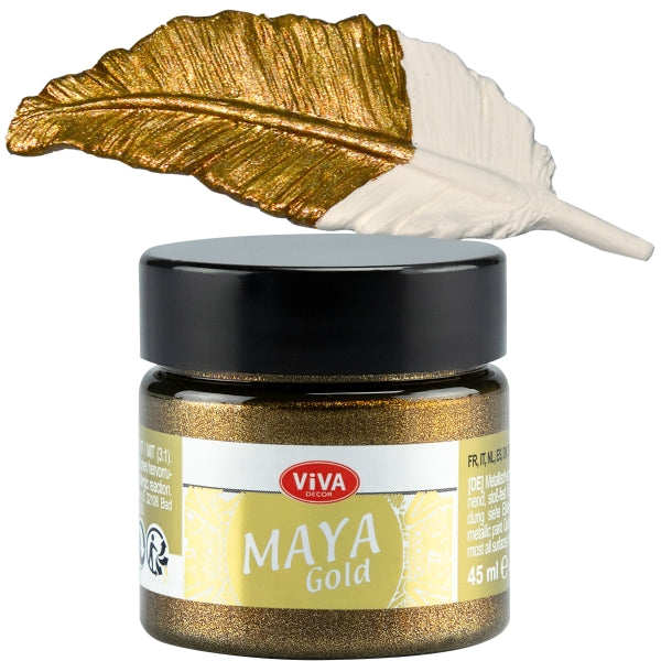 Viva Decor Maya Gold Acrylfarbe 45 ml – Farbton Bronze mit warm schimmerndem Metallglanz auf Feder