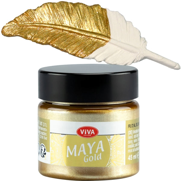 Viva Decor Maya Gold Acrylfarbe 45 ml – Farbton Gold mit metallischem Goldfeder-Farbauftrag
