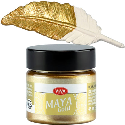 Viva Decor Maya Gold Acrylfarbe 45 ml – Farbton Gold mit metallischem Goldfeder-Farbauftrag