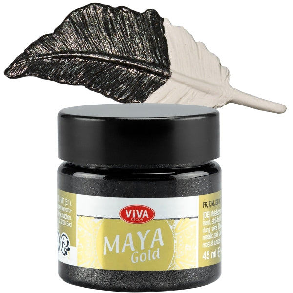 Viva Decor Maya Gold 45 ml Hämatit – metallische Acrylfarbe mit dunklem Graphit-Schimmer, dargestellt als Farbauftrag auf Feder
