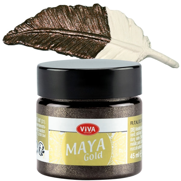 Viva Decor Maya Gold 45 ml Kakao – warme braune Metallic-Acrylfarbe mit edlem Schimmer, visualisiert auf strukturierter Feder