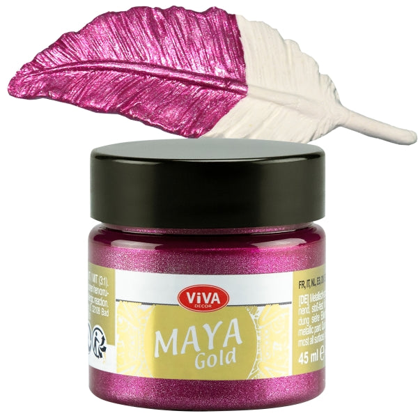 Viva Decor Maya Gold 45 ml Magenta – intensive pinke Metallic-Acrylfarbe mit starkem Glanz, Farbauftrag auf dekorativer Feder