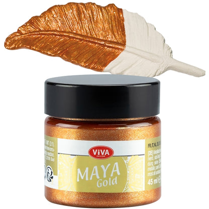 Viva Decor Maya Gold 45 ml Orange-Gold – leuchtende orange-goldene Metallic-Acrylfarbe mit hohem Glanz, dargestellt auf Feder
