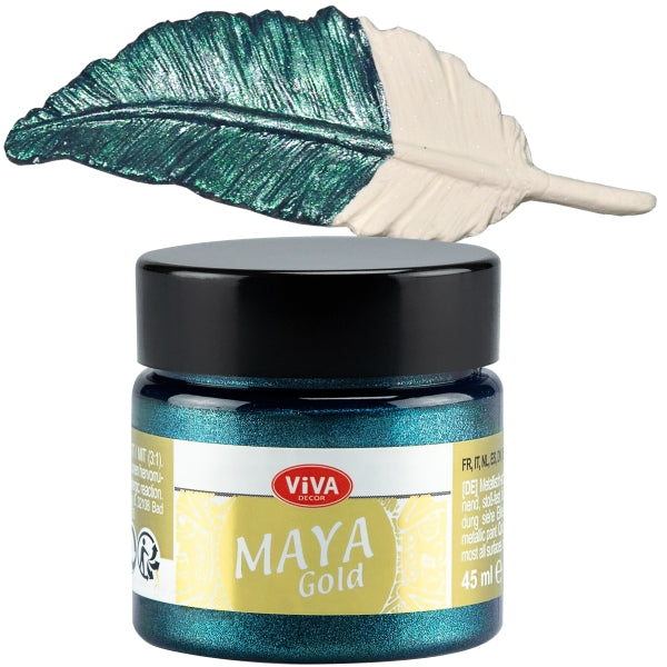 Viva Decor Maya Gold 45 ml Petrol – tief schimmernde petrolfarbene Metallic-Acrylfarbe, visualisiert als Farbauftrag auf Feder