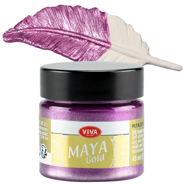 Viva Decor Maya Gold 45 ml Rose – zart roséfarbene Metallic-Acrylfarbe mit elegantem Schimmer, gezeigt auf strukturierter Feder