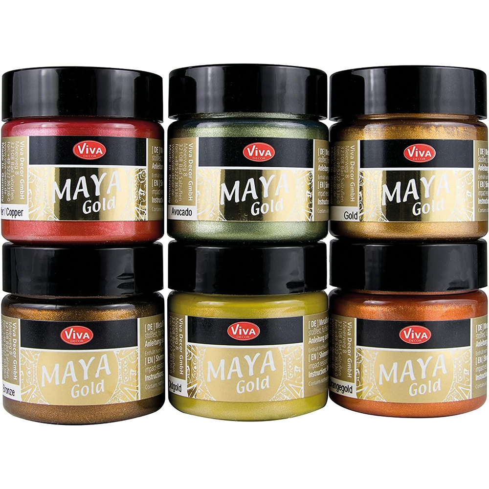Viva Decor Maya Gold Acrylfarben Set mit intensiven Metallic-Tönen in Gläsern für brillanten Metallglanz auf Deko und Kunstobjekten.