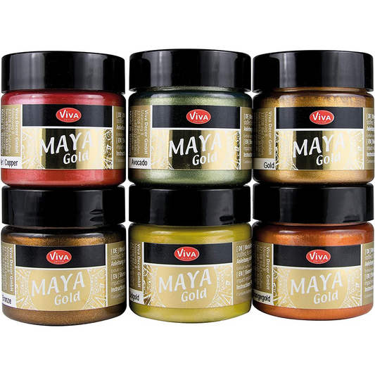 Viva Decor Maya Gold Acrylfarben Set mit intensiven Metallic-Tönen in Gläsern für brillanten Metallglanz auf Deko und Kunstobjekten.