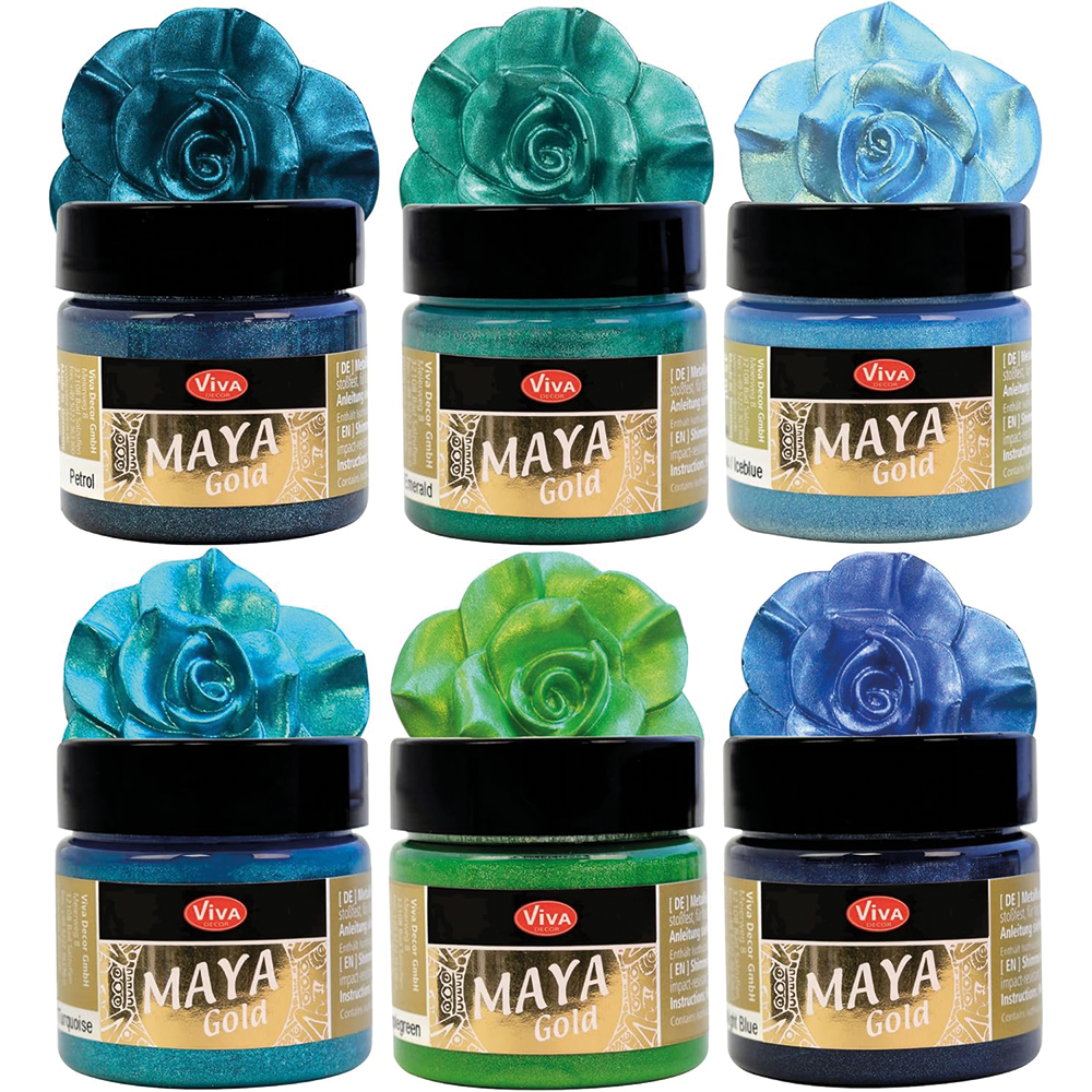 Viva Decor Maya Gold Farben mit geformten Metallic-Rosen als Farbmuster für edle Glanz- und Effektoberflächen.