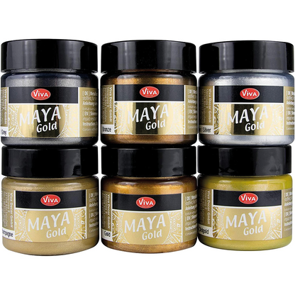 Viva Decor Maya Gold Acrylfarben Set mit klassischen Gold-, Bronze- und Silbernuancen für hochwertige Metallic-Effekte.