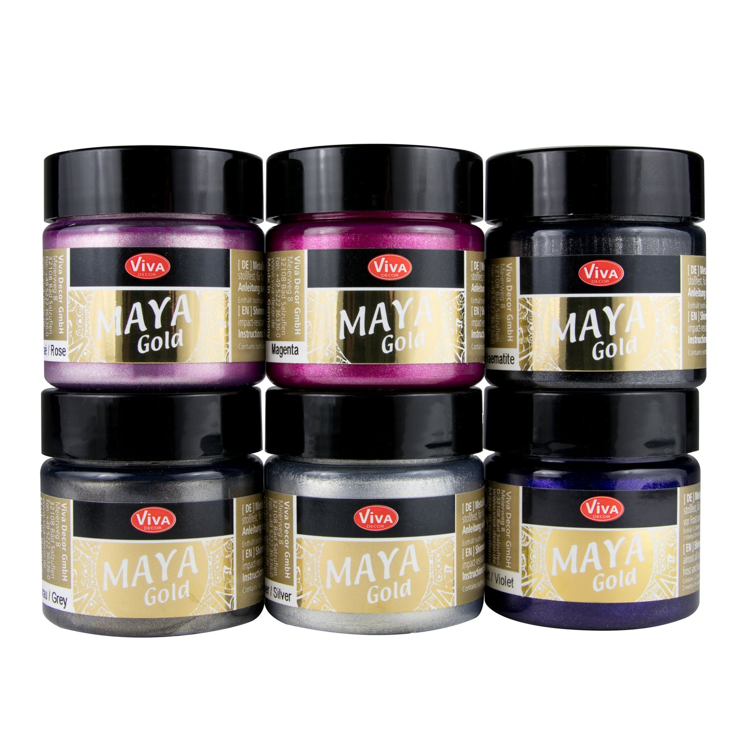 Viva Decor Maya Gold Set Varianten Forest, Glamour, Indian Summer, Sea Breeze und Sweet Dreams mit brillanter Deckkraft und Metallglanz.