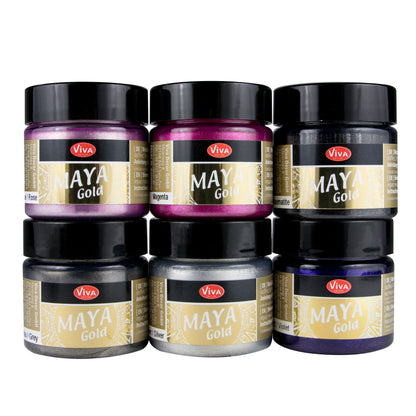 Viva Decor Maya Gold Set Varianten Forest, Glamour, Indian Summer, Sea Breeze und Sweet Dreams mit brillanter Deckkraft und Metallglanz.