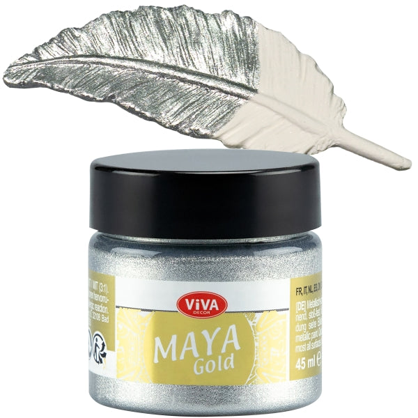 Viva Decor Maya Gold 45 ml Silber – klassische silberne Metallic-Acrylfarbe mit starkem Glanz, Farbauftrag auf strukturierter Feder