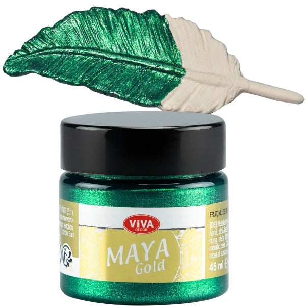 Viva Decor Maya Gold 45 ml Smaragd – kräftige grüne Metallic-Acrylfarbe mit intensivem Glanzeffekt, dargestellt auf Feder