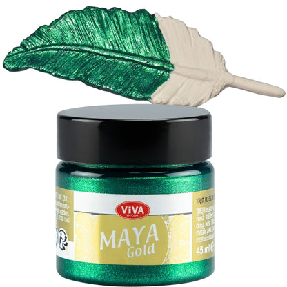 Viva Decor Maya Gold 45 ml Smaragd – kräftige grüne Metallic-Acrylfarbe mit intensivem Glanzeffekt, dargestellt auf Feder