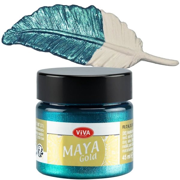 Viva Decor Maya Gold 45 ml Türkis – frische türkisfarbene Metallic-Acrylfarbe mit lebendigem Schimmer, Farbauftrag auf Feder
