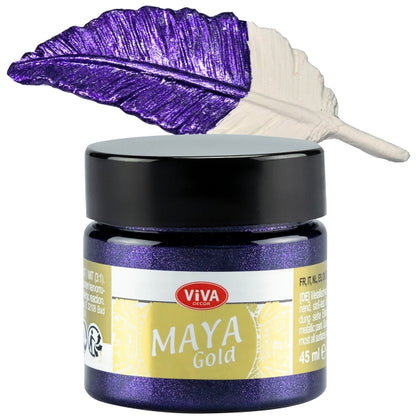 Viva Decor Maya Gold 45 ml Violett – tiefe violette Metallic-Acrylfarbe mit edlem Glanz, visualisiert auf dekorativer Feder