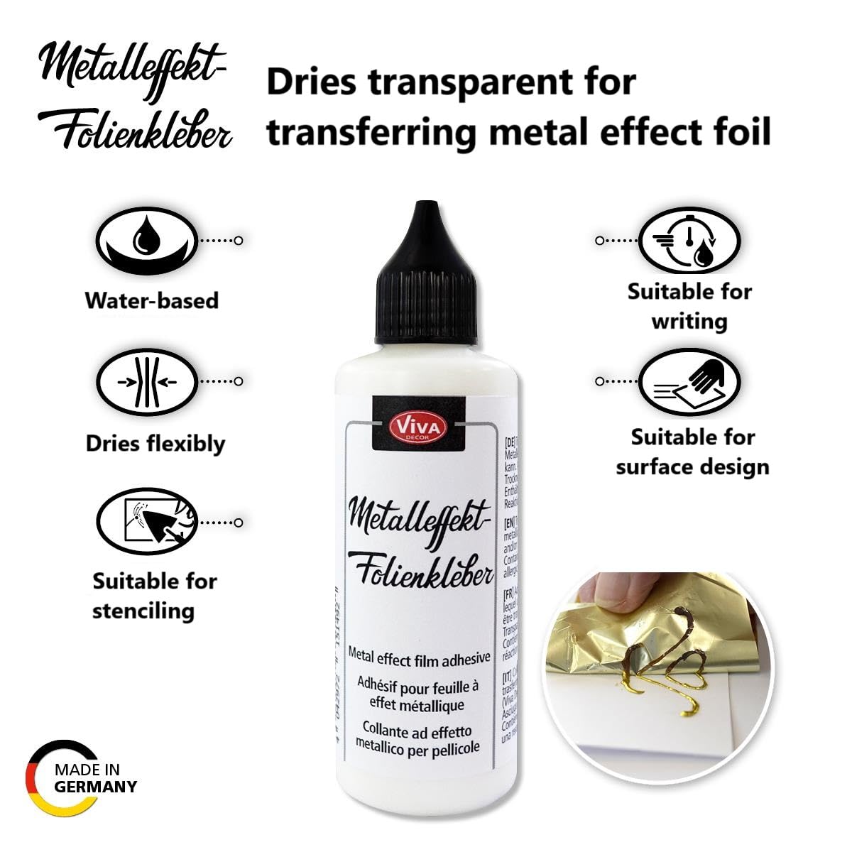 Viva Decor Metalleffekt-Folienkleber transparent – trocknet klar, flexibel und eignet sich für Schreiben, Schablonen und Flächendesign